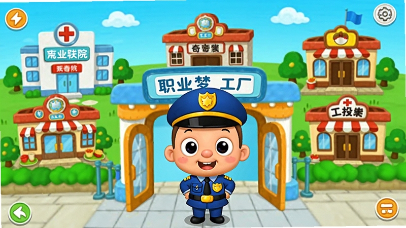 宝宝职业梦工厂 软件主界面全景展示图,画面中央是宝宝巴士经典卡通形象奇奇穿着警察制服站在职业梦工厂大门前,背景区域分布着医院、消防局、餐厅等不同职业建筑,色彩明亮鲜艳,Q版卡通风格,高清画质