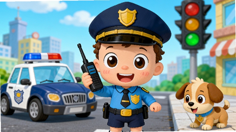 宝宝职业梦工厂 警察职业体验场景图,画面中宝宝巴士卡通角色穿着蓝色警察制服,手持对讲机站在城市街道上,背景有警车和红绿灯,画面右侧有小狗在寻找主人,卡通风格,色彩饱满,适合儿童观看