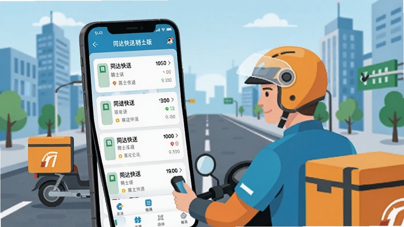 同达快送-骑士版 手机应用界面展示 骑手正在查看订单列表 背景为城市道路与配送箱 画面明亮清晰 扁平化设计风格 科技感与生活感结合