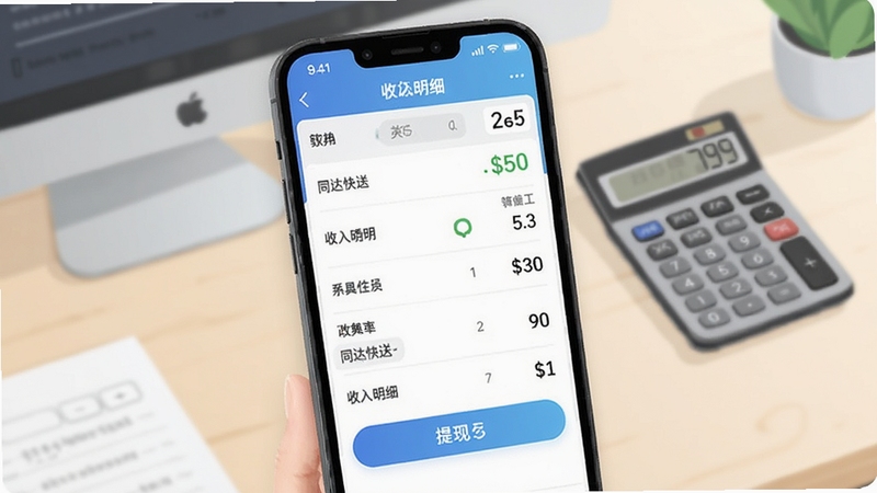 同达快送-骑士版 收入明细页面截图风格插画 手机屏幕显示账单列表与提现按钮 背景为办公桌与计算器 色调清爽 突出财务透明