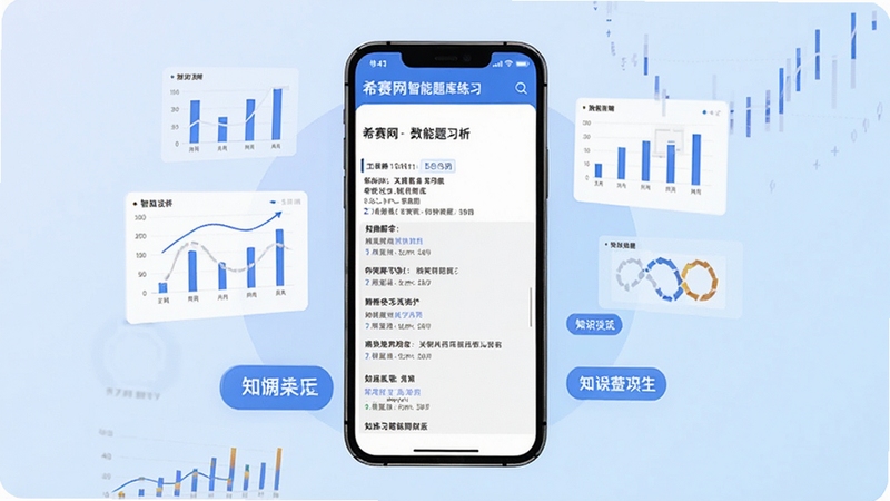 希赛网智能题库练习界面,手机屏幕显示题目与解析,周围漂浮着数据图表与知识点标签,背景为淡蓝色渐变,体现智能学习与数据分析感,画面清晰简洁