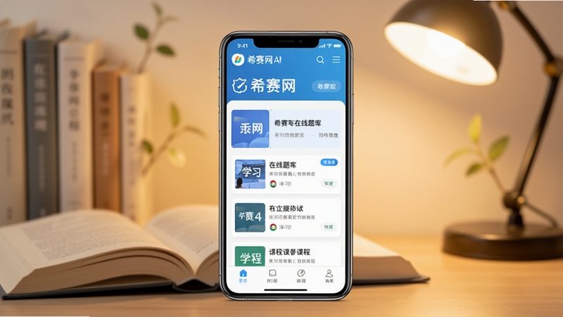 希赛网APP首页界面展示,画面中央放置一部智能手机,屏幕显示希赛网在线题库与课程列表,背景为柔和的书本与台灯光晕,整体色调温暖清新,突出学习氛围,适配Boogu模型生成