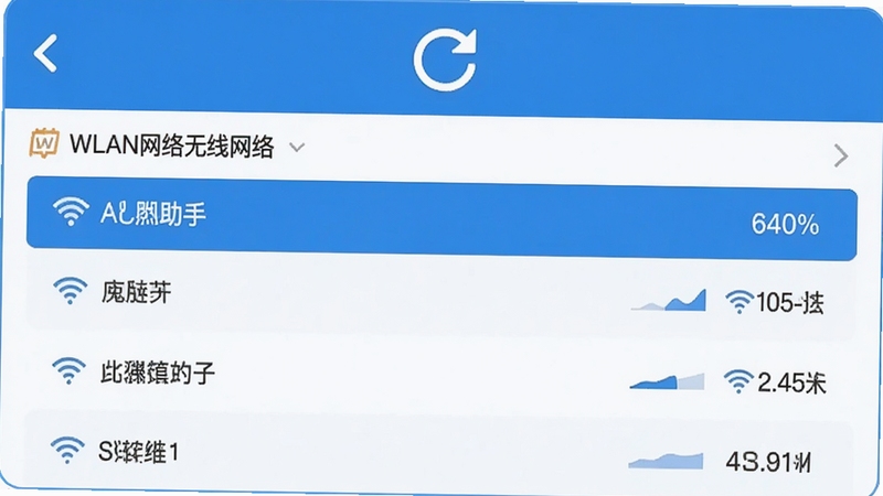 WLAN助手正在扫描无线网络,界面上方显示刷新图标,下方列表按信号强弱排列多个无线名称,配色以蓝白为主,画面清爽直观