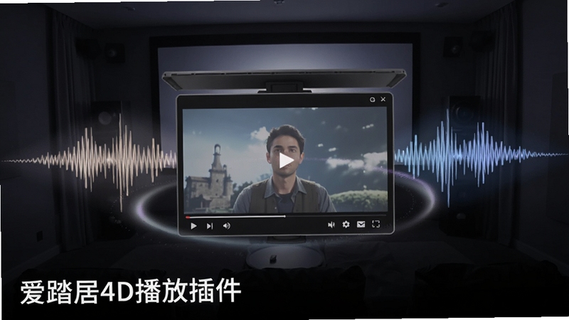 画面中央是一台打开的视频播放器窗口,播放器周围环绕着柔和的动态光效与声波纹理,背景是深色家庭影院场景,画面左下角标注爱踏居4D播放插件字样,整体呈现科技感与沉浸感,适配Boogu模型生成