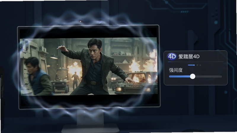 一个电脑屏幕中播放着动作电影,画面边缘有动态波纹和光晕扩散效果,屏幕旁边悬浮着爱踏居4D播放插件的控制面板,面板上有强度调节滑块,背景为简洁的深蓝色科技风格,适配Boogu模型生成
