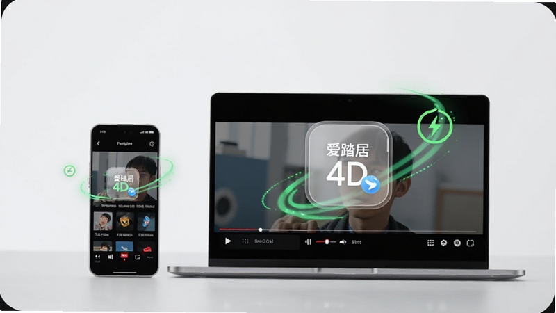 一部智能手机和一台笔记本电脑并排放在桌面上,两者屏幕都显示视频播放界面,画面中有一个半透明的爱踏居4D播放插件悬浮图标,周围有绿色的低能耗标识和流畅的线条,背景为浅灰色简约风格,适配Boogu模型生成