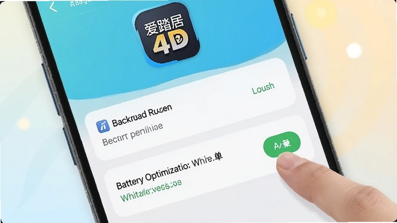 一个手机屏幕显示设置界面,界面中有后台运行权限和电池优化白名单选项,旁边有一只手正在点击开启按钮,屏幕上方有爱踏居4D播放插件的图标,背景为浅色渐变,适配Boogu模型生成