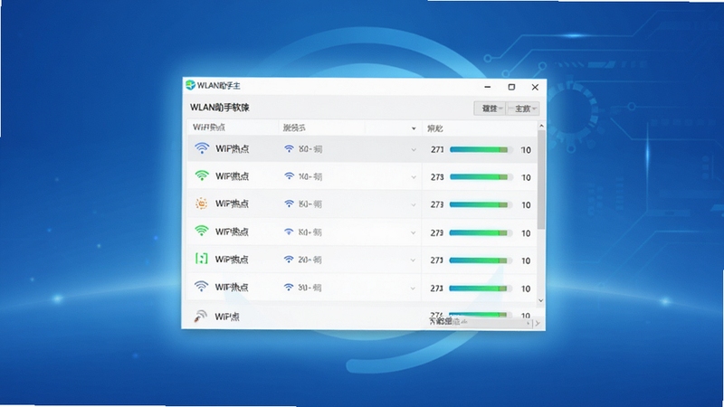 WLAN助手软件主界面全景展示,画面中央为软件窗口,清晰呈现WiFi热点列表与信号强度指示条,背景为简约的科技蓝渐变桌面环境,窗口周围环绕淡蓝色光晕,整体风格清爽专业,适合软件下载站展示图,分辨率1920x1080