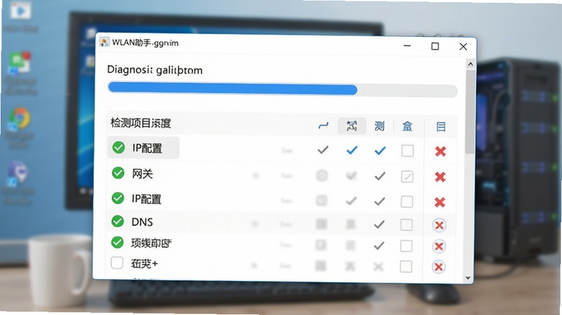 WLAN助手网络诊断界面示意图,画面中软件窗口显示诊断进度条与检测项目列表,包括IP配置、DNS、网关等条目,每项前有绿色对勾或红色叉号标识,界面配色以白色和科技蓝为主,背景为模糊的电脑桌面环境
