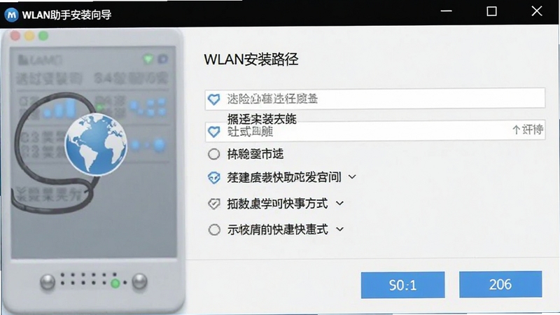 WLAN助手安装向导截图,画面展示软件安装界面,包含选择安装路径、创建桌面快捷方式等选项,界面风格简洁,按钮清晰可见,背景为淡灰色,适合作为教程配图
