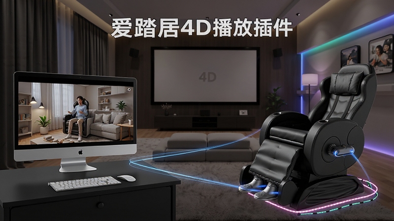 爱踏居4D播放插件多设备联动场景,画面左侧为电脑播放界面,右侧连接动感座椅、氛围灯带与震动马达,设备间以光线连接,背景为现代家居影院,突出爱踏居4D播放插件名称,适配Boogu模型生成