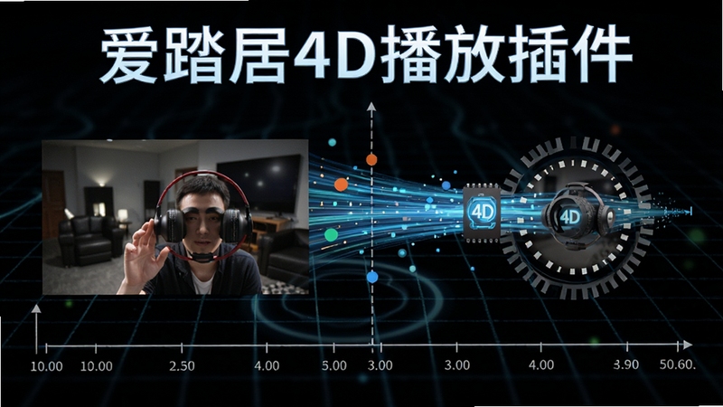 爱踏居4D播放插件低延迟同步传输技术示意图,画面中播放画面与4D反馈信号以高速数据流形式同步传输,时间轴对齐,背景为深色科技网格,突出爱踏居4D播放插件名称,适配Boogu模型生成