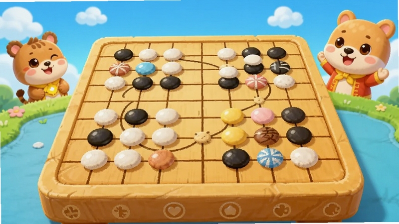 新博少儿对弈平台主界面展示,画面中央为卡通风格的围棋棋盘与彩色棋子,背景为蓝天白云和可爱的小动物角色,整体色调明亮活泼,适合儿童用户群体,横版构图,高清细节