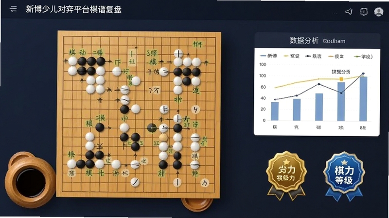 新博少儿对弈平台棋谱复盘界面,画面展示围棋棋盘和走子顺序标记,旁边有数据分析图表和棋力等级徽章,界面简洁专业
