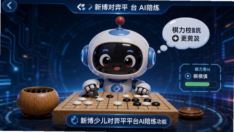 新博少儿对弈平台AI陪练功能界面,画面中央是一个可爱的机器人形象正在下围棋,旁边有思考气泡和棋力等级标识,背景为科技感十足的蓝色调