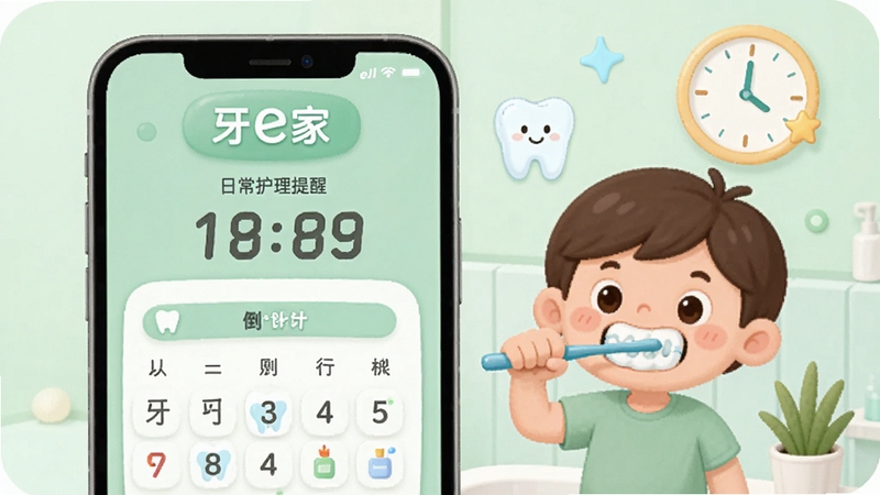 牙e家日常护理提醒功能界面,手机屏幕上显示刷牙倒计时和打卡日历,背景为柔和的浅绿色,画面中包含一个正在刷牙的卡通人物和时钟元素,整体氛围轻松健康
