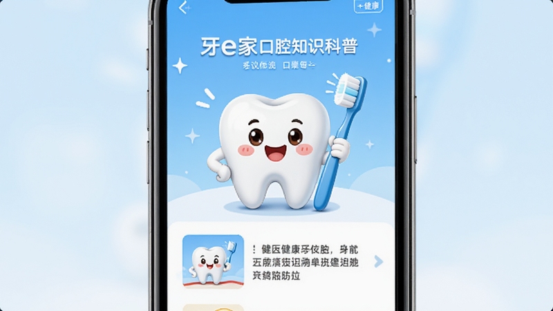 牙e家口腔知识科普界面展示,手机屏幕中呈现图文并茂的牙齿护理文章列表,背景是淡蓝色渐变,画面中心有一颗卡通牙齿拿着牙刷的可爱形象,整体风格清新明快,适合健康类软件宣传图