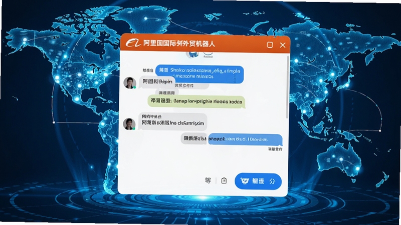 阿里国际外贸机器人多语言翻译界面,画面展示中英文对照聊天窗口与翻译按钮,背景为全球化贸易地图元素,科技感蓝色调,细节丰富