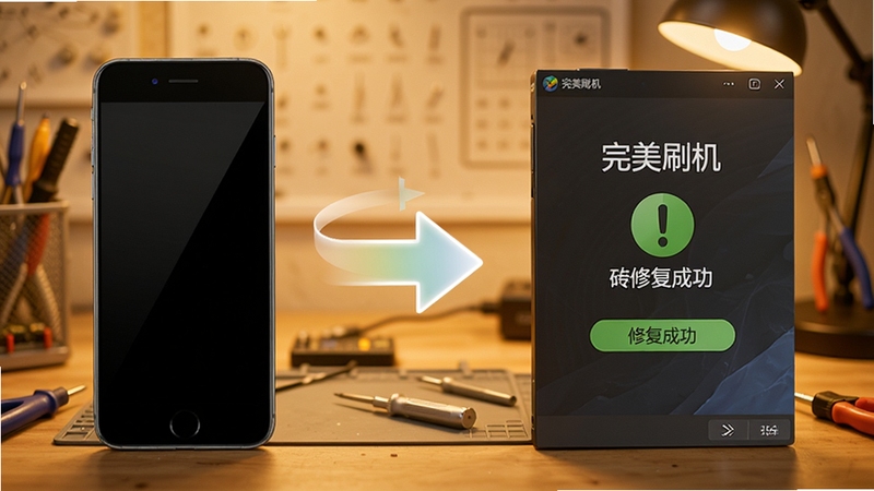 完美刷机救砖修复功能示意图,画面左侧是一部黑屏手机,右侧是完美刷机软件界面显示修复成功,中间有箭头连接,背景是维修工作台场景,色调温暖,体现修复与重生的主题
