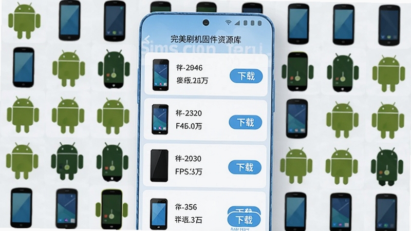 完美刷机固件资源库界面,画面展示一个虚拟的手机屏幕列表,每个手机型号旁边显示对应的固件版本号和下载按钮,背景是整齐排列的安卓手机图标,色调以白色和浅蓝色为主,体现资源丰富和条理清晰