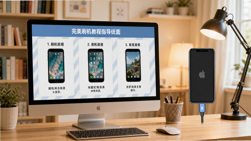 完美刷机教程指导界面,画面展示电脑屏幕上分步骤的刷机教程图文,旁边有手机连接示意图,背景是书房环境,色调明亮舒适,体现学习与指导的氛围