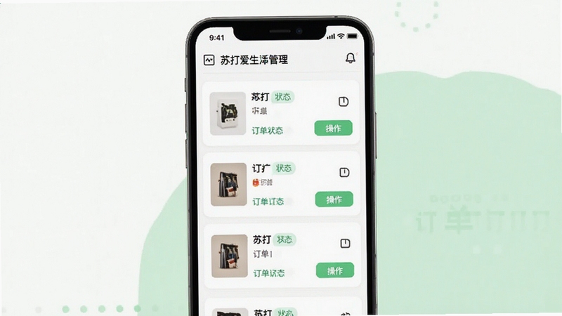 苏打爱生活订单管理界面,画面中央展示手机屏幕上的订单列表,每条订单包含商品缩略图、订单状态标签和操作按钮,背景为干净的白色与浅绿色搭配,整体突出清晰有序的信息层级,适配Boogu模型生成