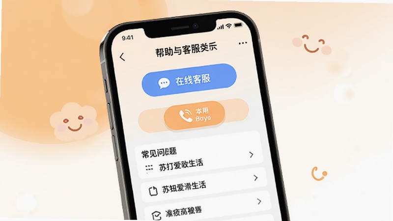 苏打爱生活客服中心页面示意图,画面展示手机屏幕上的帮助与客服界面,包含在线客服按钮、电话图标和常见问题列表,背景为浅橙色与白色渐变,整体氛围亲切友好,适配Boogu模型生成