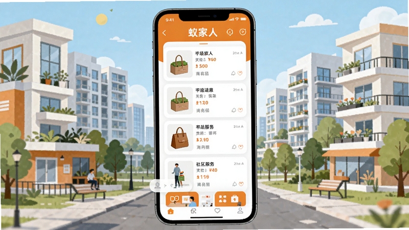 蚁家人 社区生活服务平台 手机应用界面 主色调橙色与白色 中央展示商品列表和社区服务入口 背景为现代城市社区建筑群 扁平化插画风格 清晰明亮 细节丰富