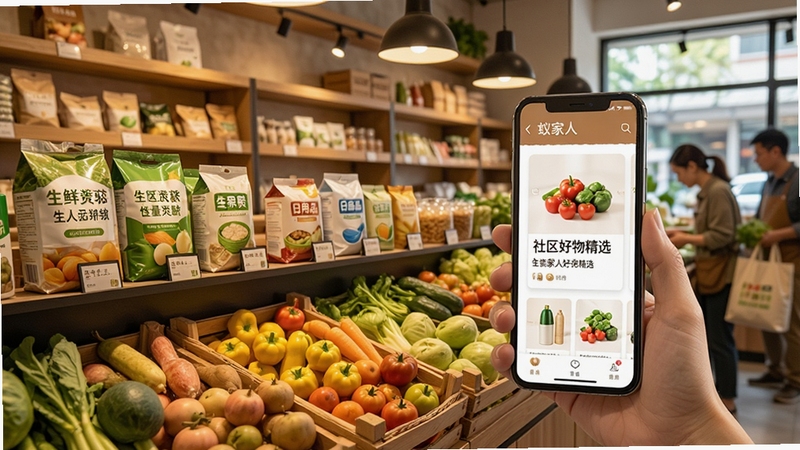 蚁家人 社区好物精选 生鲜果蔬与日用品陈列 暖色调 货架整齐 手机屏幕悬浮显示商品卡片 生活气息浓厚 写实风格