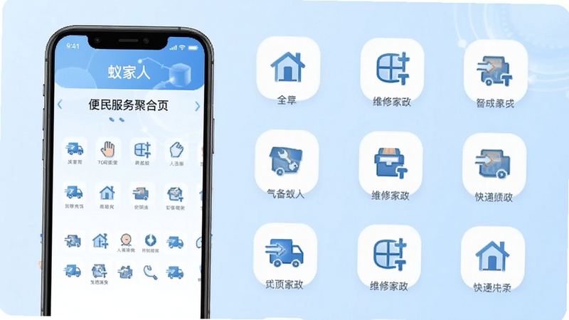 蚁家人 便民服务聚合页面 维修家政快递图标排列 浅蓝色背景 简洁图标设计 手机界面展示 清爽科技感