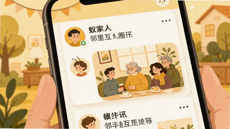 蚁家人 邻里互动圈子 社区动态信息流 用户头像与文字卡片 暖黄色调 温馨社区场景 手机屏幕特写 扁平插画