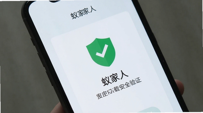 蚁家人 应用下载安全验证界面 手机屏幕显示安全扫描通过 绿色盾牌图标 浅色背景 简洁扁平风格