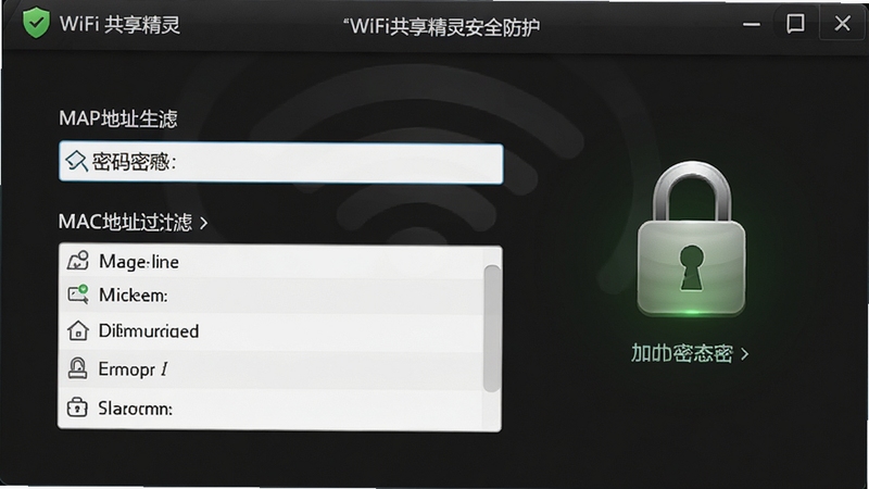 WIFI共享精灵安全防护设置页面,显示密码框、MAC地址过滤列表与加密锁图标,深色背景搭配绿色安全标识,写实UI风格