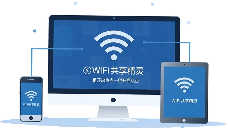 WIFI共享精灵一键开启热点界面,电脑屏幕显示无线信号发射图标,手机和平板围绕电脑连接上网,科技感蓝白配色,扁平化插画风格