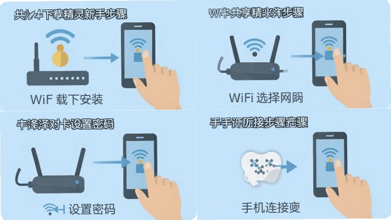 WIFI共享精灵新手操作步骤示意图,分四格展示下载安装、选择网卡、设置密码、手机连接四个环节,简洁扁平图标风格,浅蓝底色