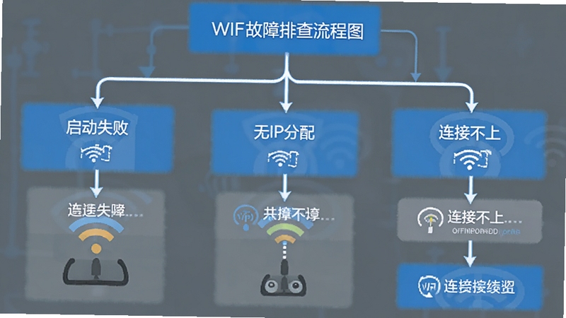 WIFI共享精灵故障排查流程图,展示启动失败、无IP分配、连接不上三个分支的解决步骤,信息图表风格,蓝灰配色,简洁清晰