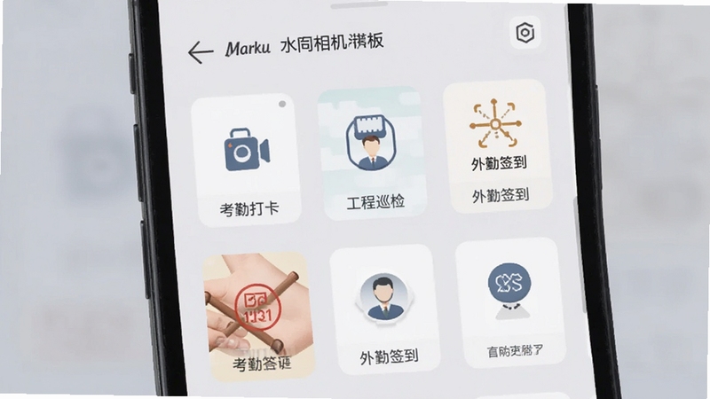 Mark水印相机水印模板选择界面,手机屏幕中展示考勤打卡、工程巡检、外勤签到等多款水印缩略图,背景为柔和浅灰色,图标清晰排列,适配Boogu模型生成