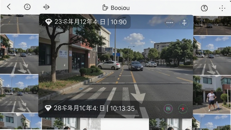 Mark水印相机拍照后照片自动叠加时间地点水印的效果图,画面中一张户外照片上清晰显示日期时间和街道地址,背景为手机相册界面,适配Boogu模型生成