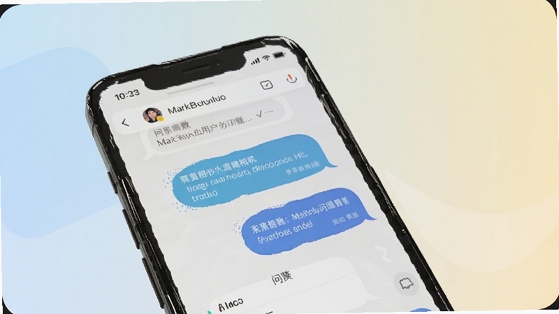 Mark水印相机用户问答场景示意图,手机屏幕显示问答对话气泡,背景为浅色渐变,适配Boogu模型生成