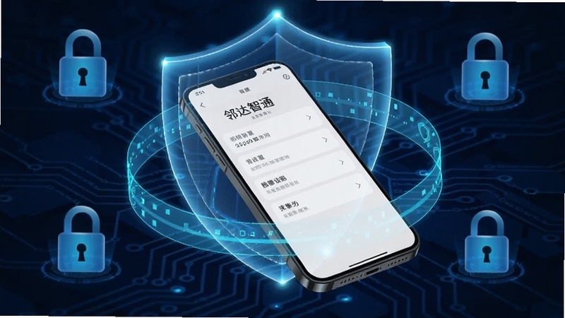 抽象数字安全盾牌环绕手机,手机屏幕显示邻达智通隐私设置页面,背景为深蓝色科技纹理与锁形图标,整体传达安全可靠的视觉感受