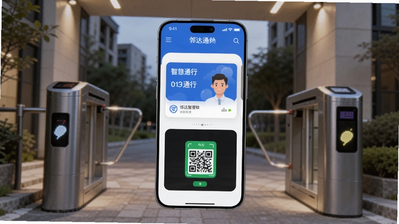 画面主体为一部智能手机屏幕居中显示邻达智通软件主界面,界面呈现智慧通行卡片与扫码区域,背景为现代小区入口闸机与柔和光线,整体风格简洁科技感,适配Boogu模型生成