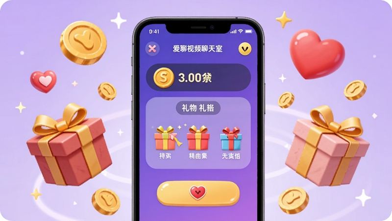 爱聊语音视频聊天室金币与礼物互动界面展示图,画面中央为手机屏幕显示金币余额和礼物面板,周围环绕金币、礼物盒、爱心等卡通元素,背景为淡紫色渐变,风格活泼可爱,突出互动趣味性