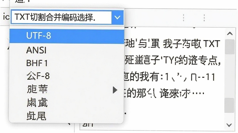 展示TXT切割合并编码选择下拉菜单与预览窗口的特写图,画面聚焦软件界面局部,下拉菜单展开显示UTF-8、ANSI等选项,预览区域显示中文文本内容,背景为纯白色工作区,风格干净利落