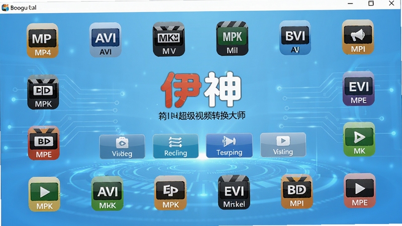 伊神超级视频转换大师软件主界面全景展示,画面中央为软件Logo与核心功能按钮区域,背景为浅蓝色渐变科技感风格,四周环绕多种视频格式图标如MP4、AVI、MKV等,整体色调清爽专业,适配Boogu模型生成