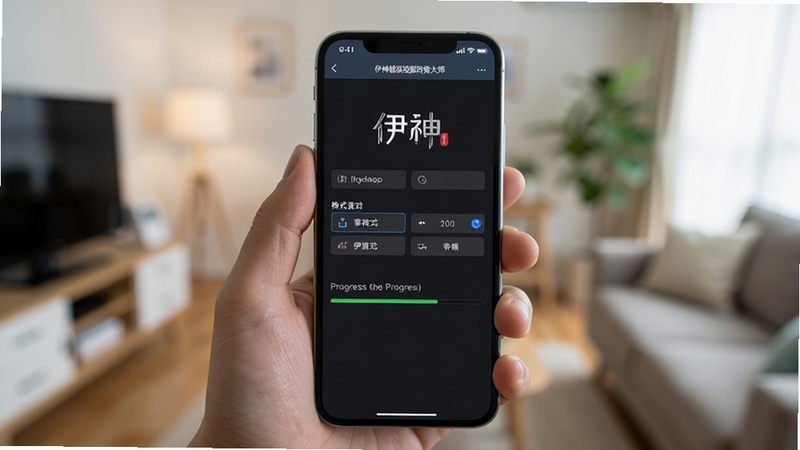 伊神超级视频转换大师手机端操作界面,画面为手持智能手机展示软件转换页面,屏幕中显示格式选择与进度条,背景为模糊的室内环境,突出移动端便捷使用场景