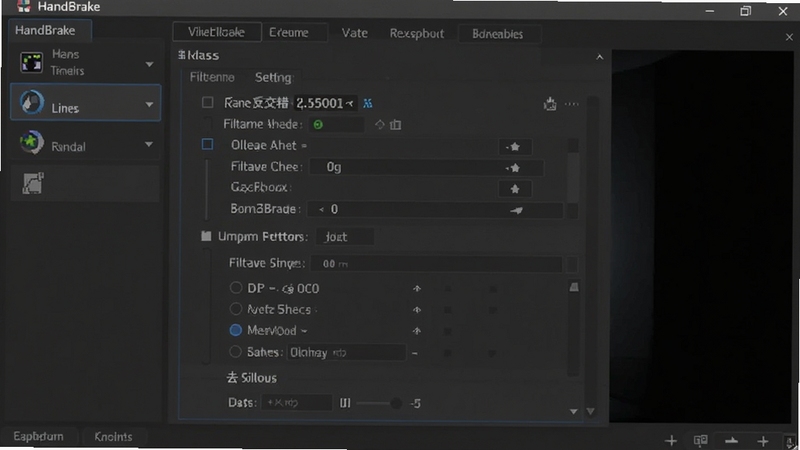 HandBrake视频参数调节面板,画面主体为软件滤镜设置区域,背景区域为深色操作界面,面板中展示反交错与去噪选项,整体风格专业严谨