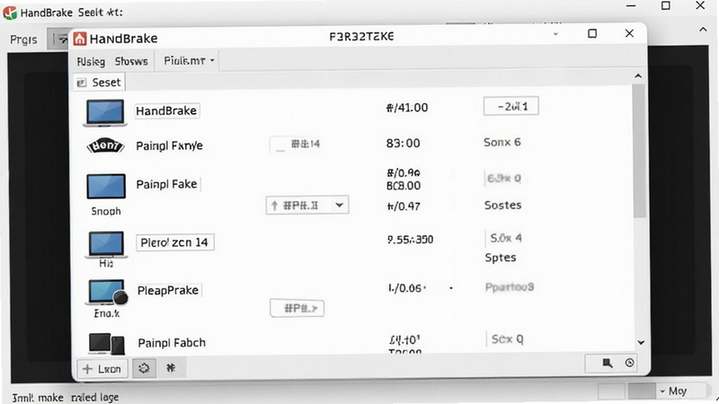 HandBrake软件预设方案选择界面,画面主体为预设列表窗口,背景区域为浅灰色软件界面,列表中展示多种设备图标与对应参数名称,整体视觉简洁清晰