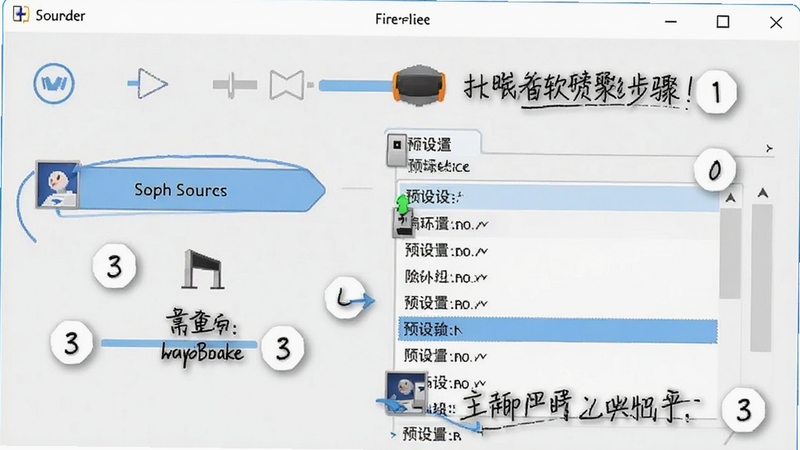 HandBrake软件操作步骤示意图,画面主体为软件界面中的打开源按钮与预设选择区域,背景区域为浅色软件窗口,界面中标注步骤序号与说明文字,整体风格清晰明快