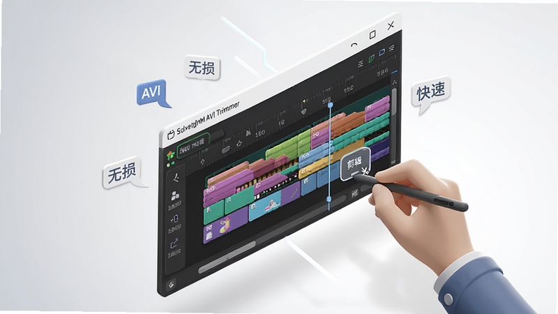 画面为SolveigMM AVI Trimmer软件主界面的3D等距视角,界面悬浮在半空中,时间轴上有彩色片段块,一只手拿着触控笔点击“剪辑”按钮,背景为淡灰色渐变,周围漂浮着“AVI”“无损”“快速”等小标签,风格为现代UI展示图。
