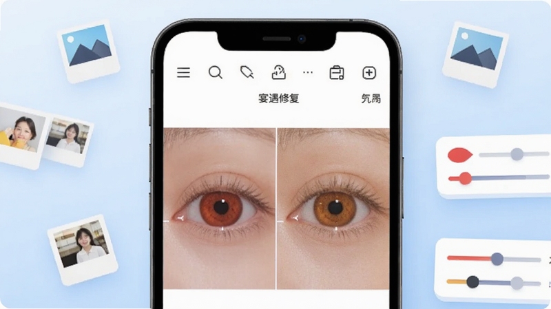 宴遇消红软件主界面展示,画面中央为手机屏幕特写,屏幕内呈现简洁的图片编辑工具栏与红眼修复对比效果图,背景为柔和的浅蓝色渐变,四周点缀少量照片图标与色彩调整滑块,整体风格清爽现代,适配Boogu模型生成